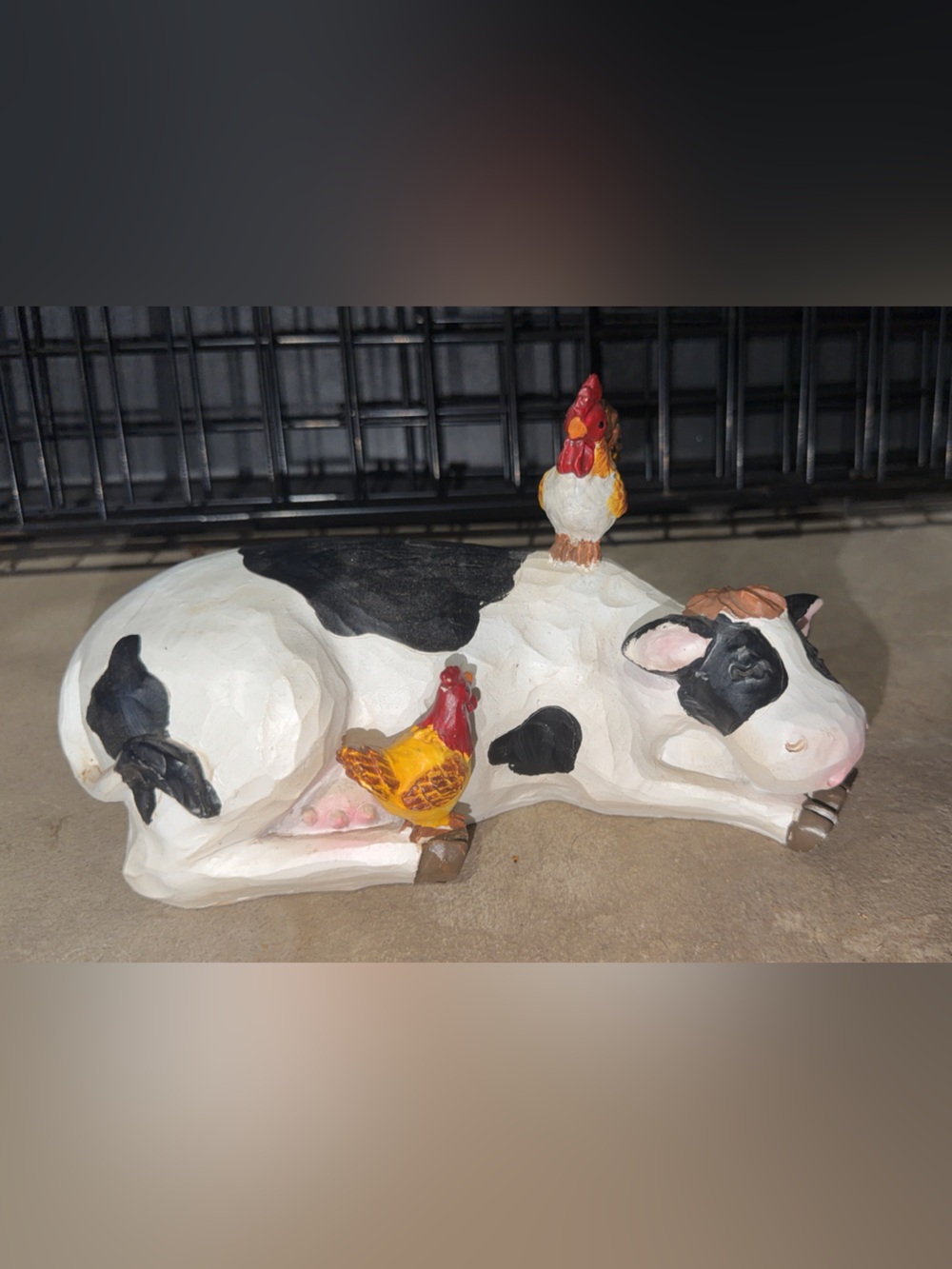Hand-Painted Ceramic Cow Figurine with Chick Accents - White and Black